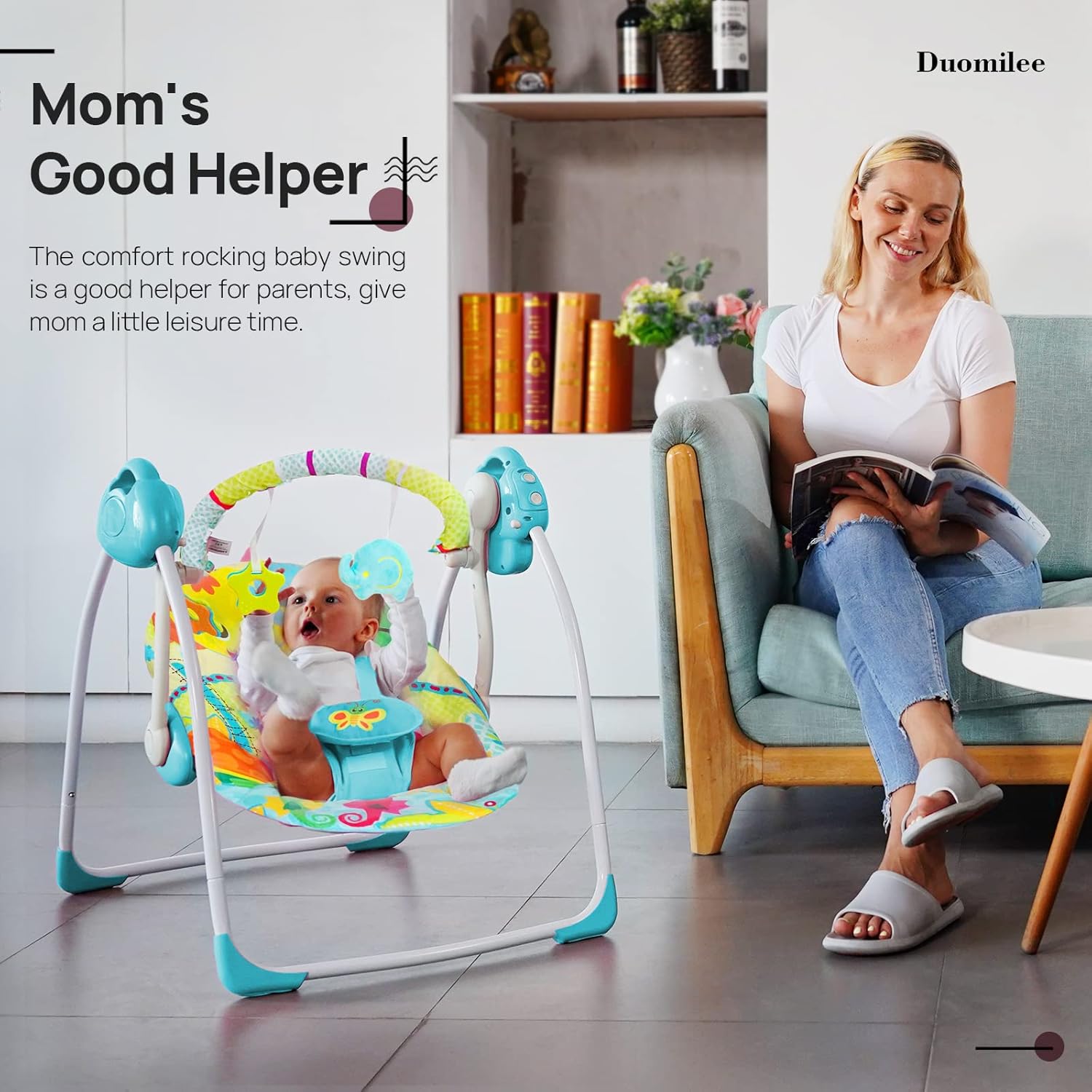 Columpio eléctrico portátil para bebé, columpio relajante con 6 movimientos, silla mecedora cómoda con música inteligente, adecuado para 0-9 meses