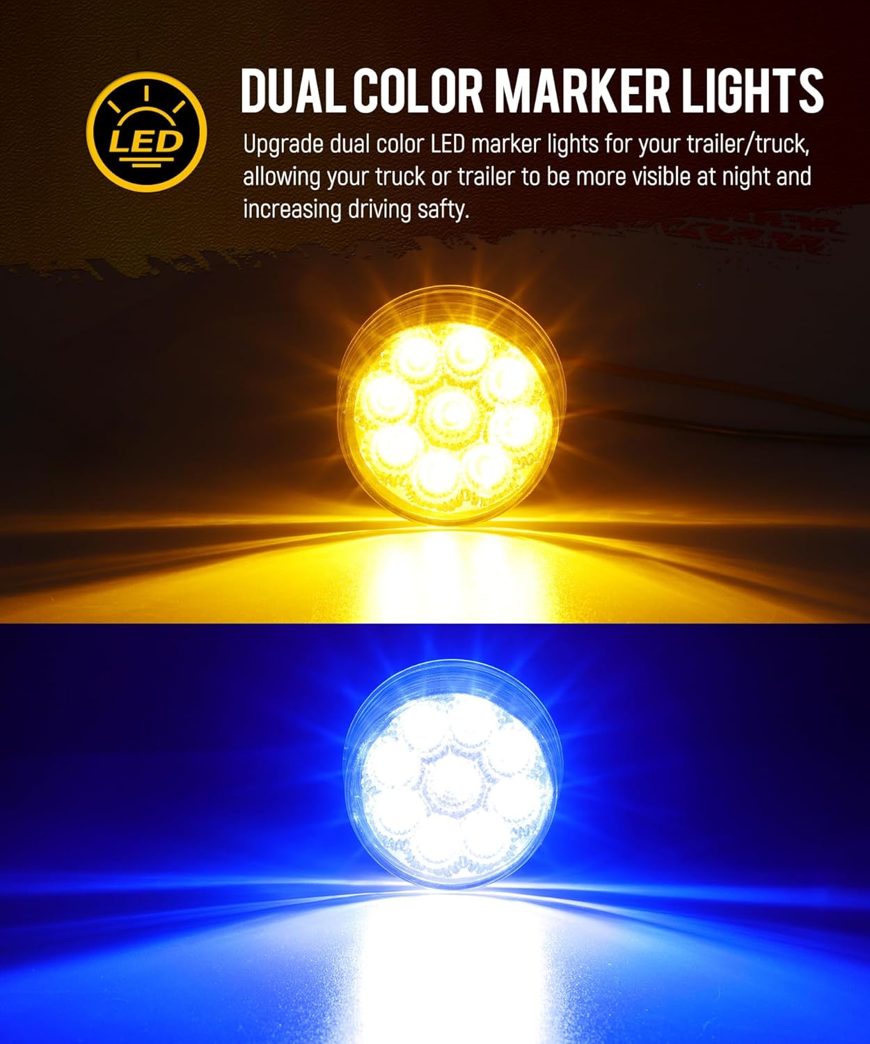 Partsam 10 luces marcadoras redondas de doble revolución de 2 pulgadas, 9 LED, luces laterales ámbar a luces auxiliares azules para camión de