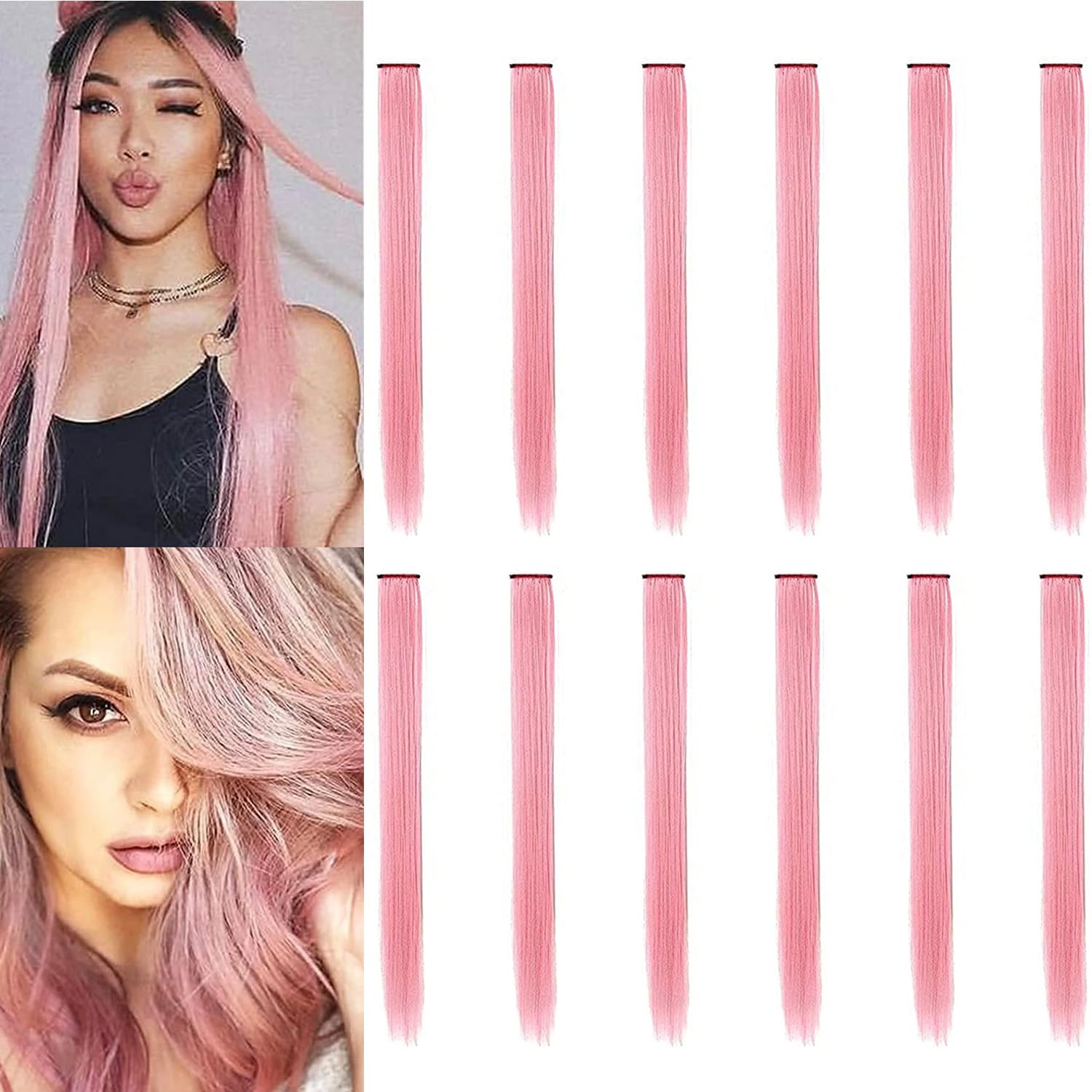 12 extensiones de cabello rosa con clip, extensiones de colores para fiestas de niños y niñas, extensión de pelo sintético lacio de 22 pulgadas,