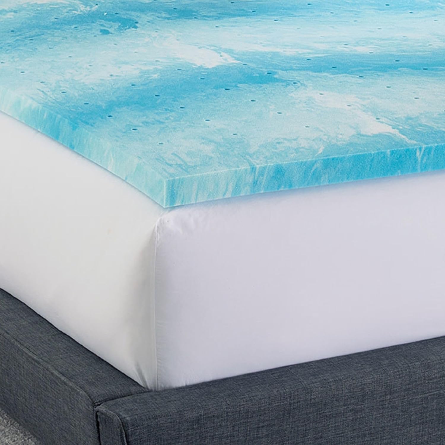 Cubrecolchón de espuma viscoelástica, espuma viscoelástica de remolino de gel, diseño ventilado, espuma certificada CertiPUR-US, azulblanco