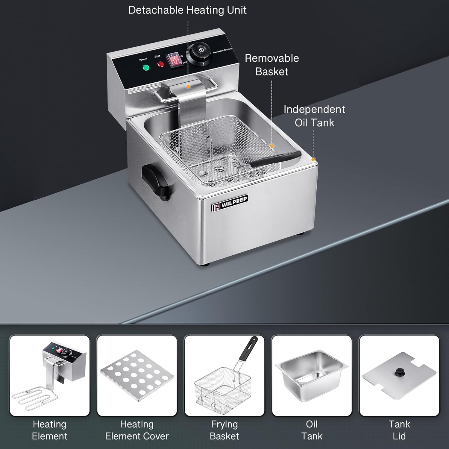 WILPREP Freidora eléctrica, freidora comercial de 10 libras con tanque extraíble, máquina de freír cocina con certificación ETL para uso doméstico,