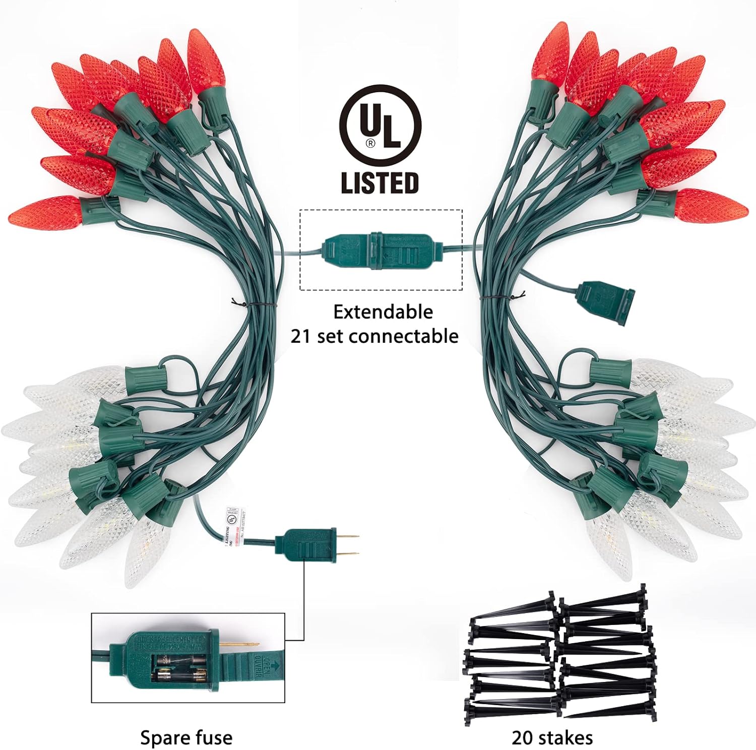 Luces LED C9 de Navidad para exteriores con estacas, 25.7 pies, 20 luces LED C9 de fresa, conectables, inastillables, marcador de luces de camino