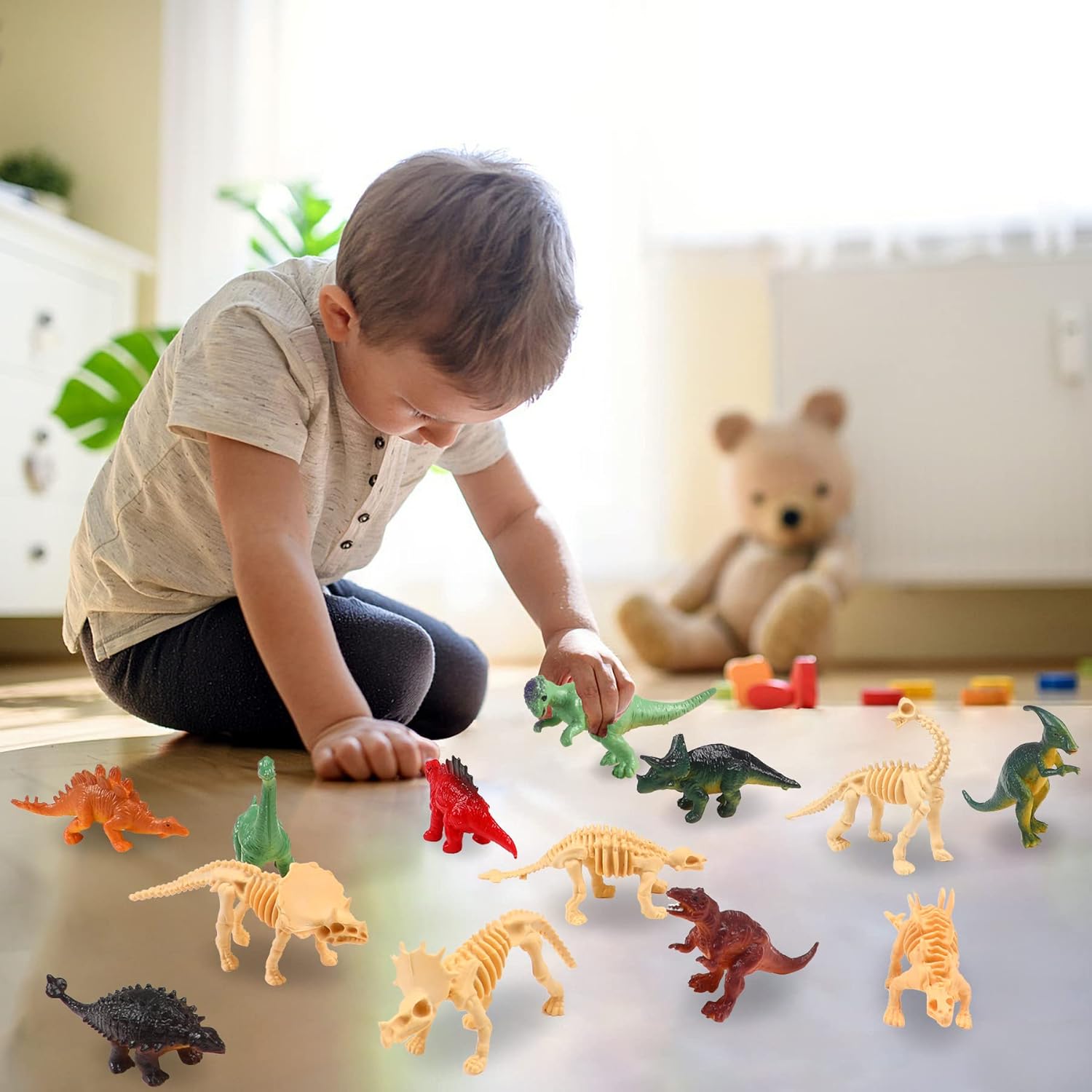 UPINS 24 piezas de juguete de esqueleto de dinosaurio de 3.5 pulgadas surtidas figuras de dinosaurios y esqueletos fósiles de dinosaurios con caja