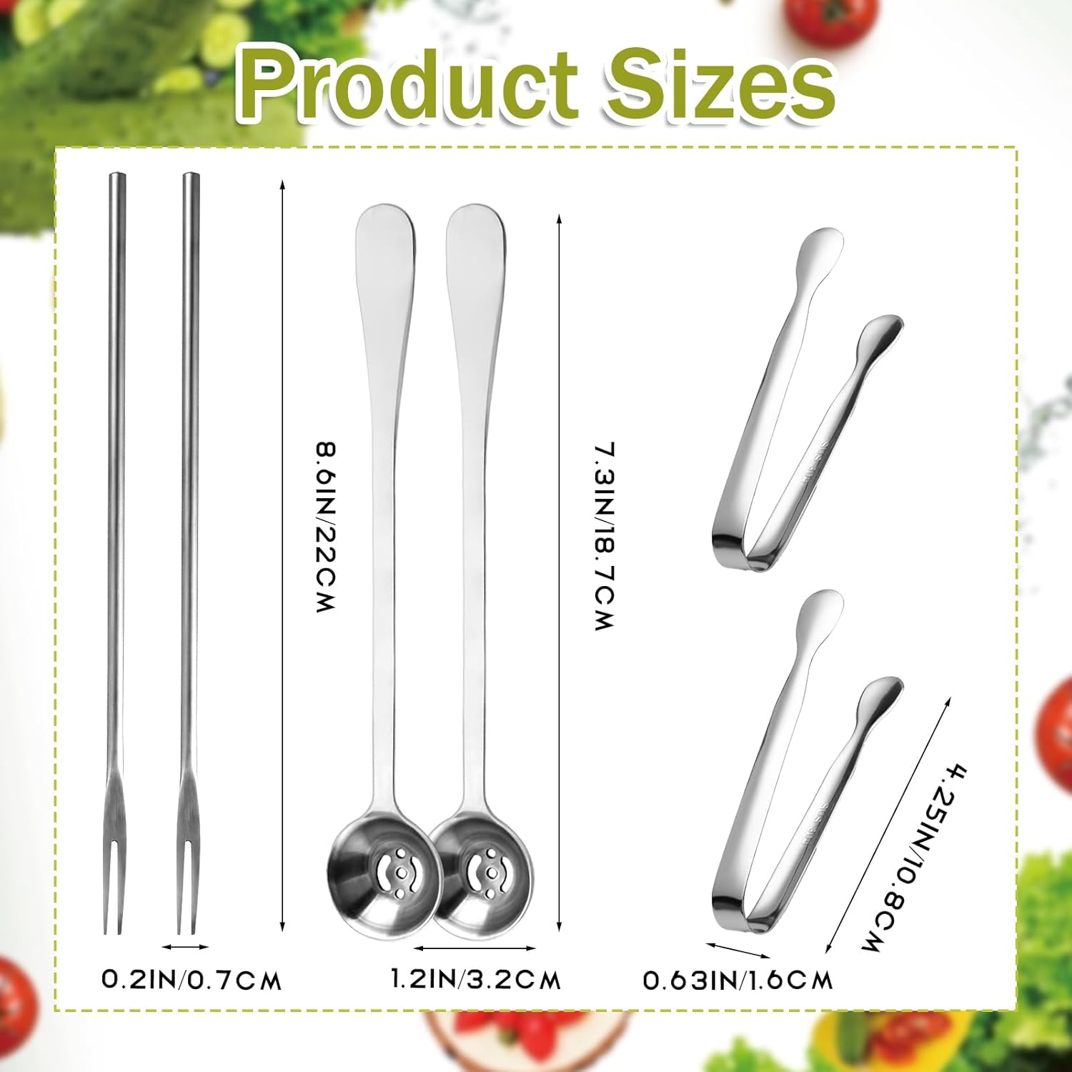 Juego de 6 pinzas para servir de cocina con mango largo, tenedor para pepinillos, cuchara de aceituna con orificio de drenaje, colador de acero