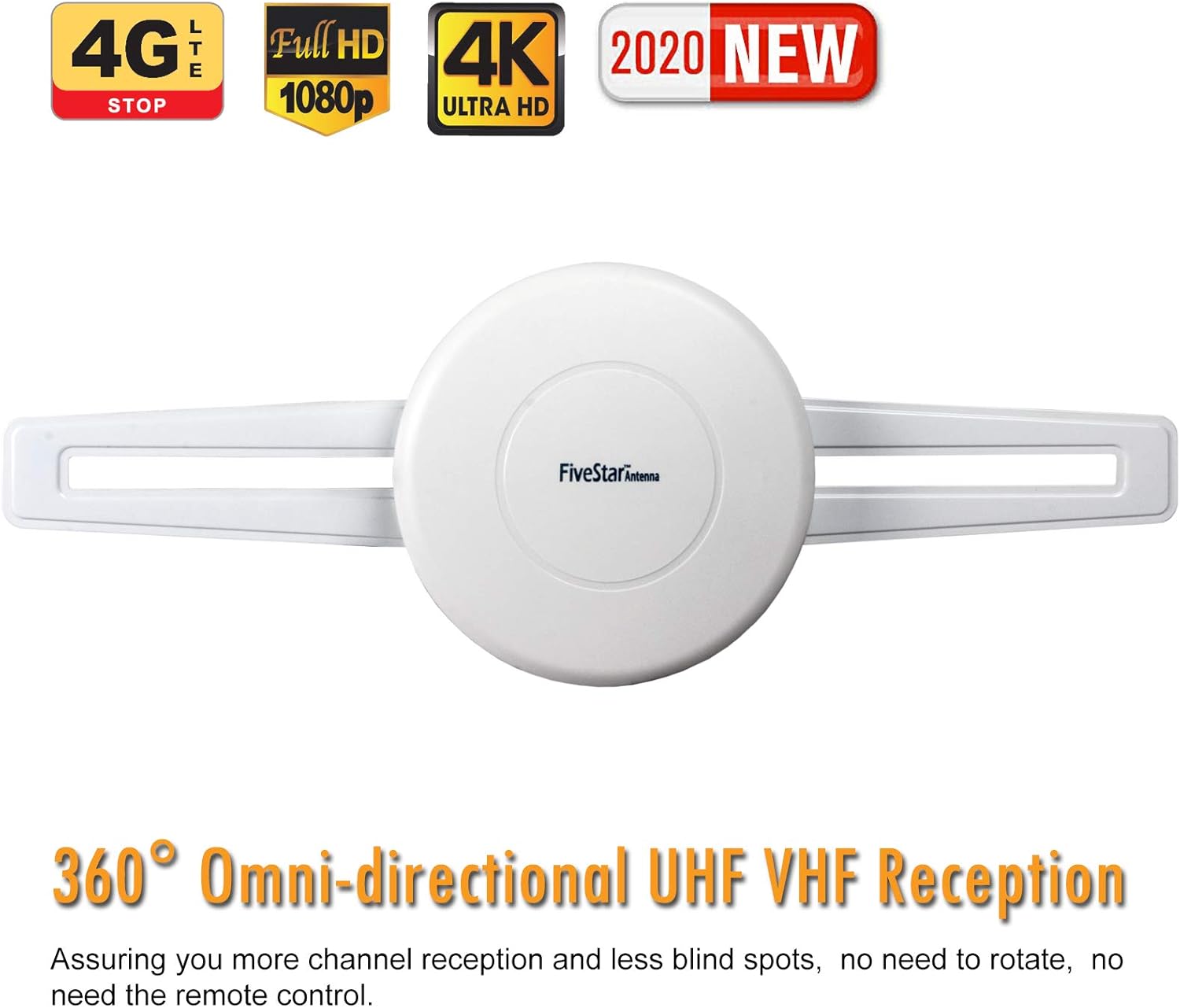 Five Star – Antena HDTV (2020) – Antena de TV amplificada de recepción omnidireccional de 360 para exteriores de 150 millas de largo alcance para