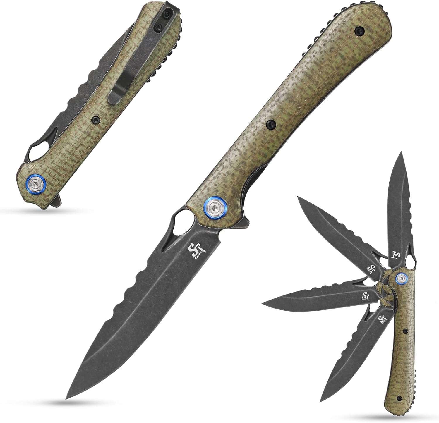 Sitivien ST145 – Cuchillo de bolsillo plegable, hoja de acero 14C28N lavada a la piedra negra, cuchillo de herramienta EDC con mango de micarta para