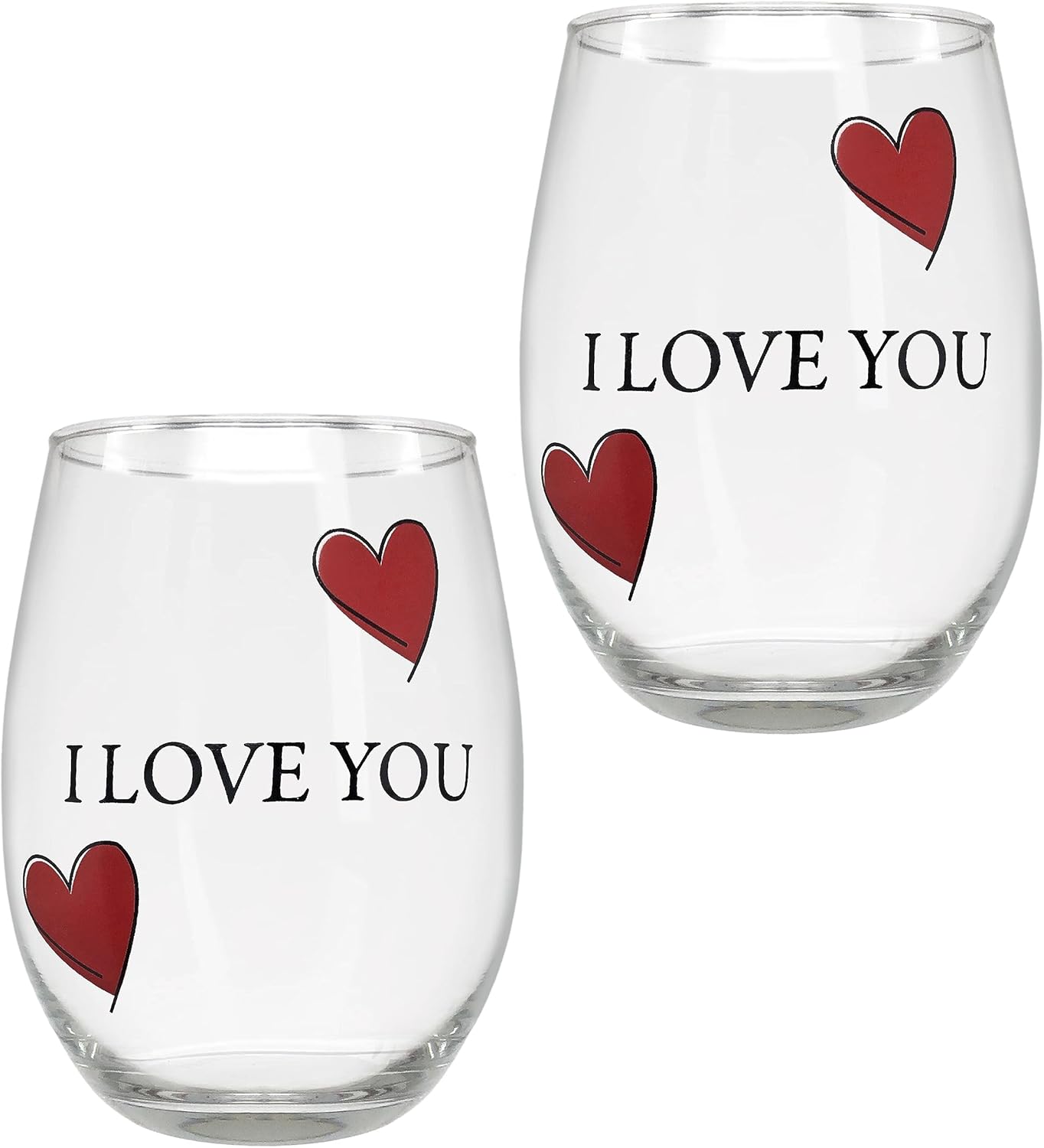 BANBERRY DESIGNS Lover’s – Juego de copas de vino con texto en inglés “I Love You”, juego de 2 copas de vino sin tallo con corazones decorativos,