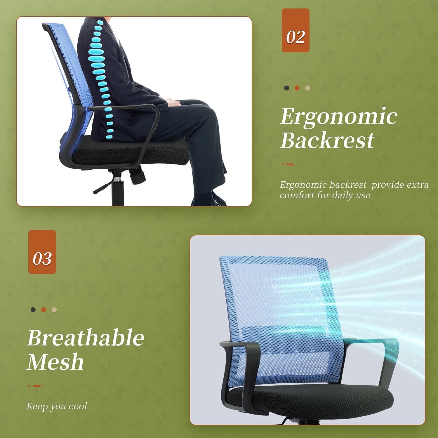 Silla de oficina, silla ergonómica de escritorio de malla con respaldo medio, silla de malla giratoria de altura ajustable, silla de computadora con