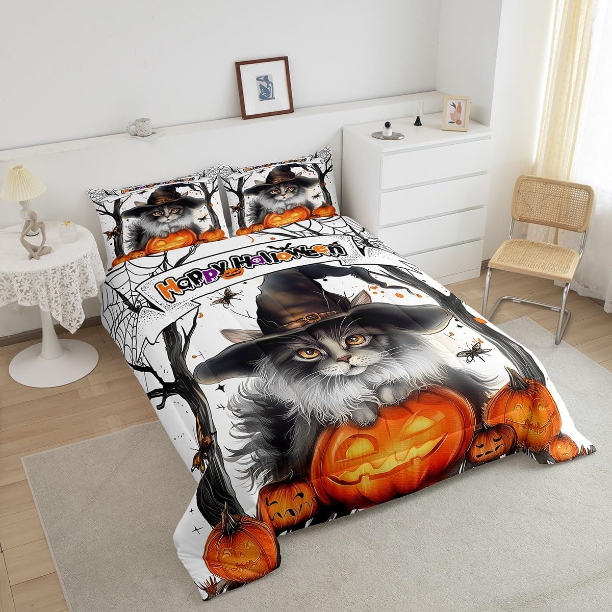 Juego de ropa de cama de Halloween tamaño Queen, lindo juego de edredón con temática de truco o trato, juego de edredón de calabaza de Halloween,