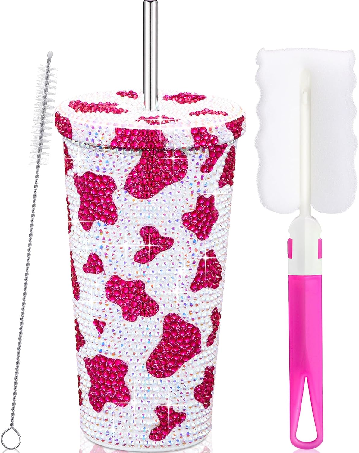 Yaomiao Botella de agua de 17 onzas con estampado de vaca con diamantes brillantes, vaso de acero inoxidable con cepillo para pajilla, vaso aislado