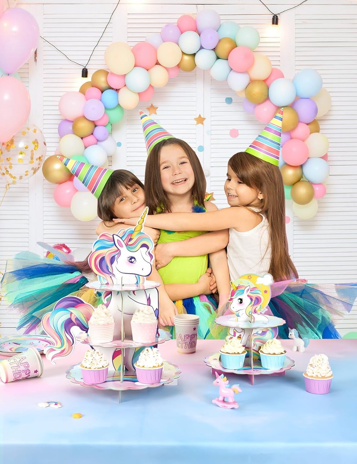 WERNNSAI Soporte para cupcakes de unicornio  2 soportes de unicornio para tartas de unicornio arco iris, decoración de cupcakes, bandeja desechable