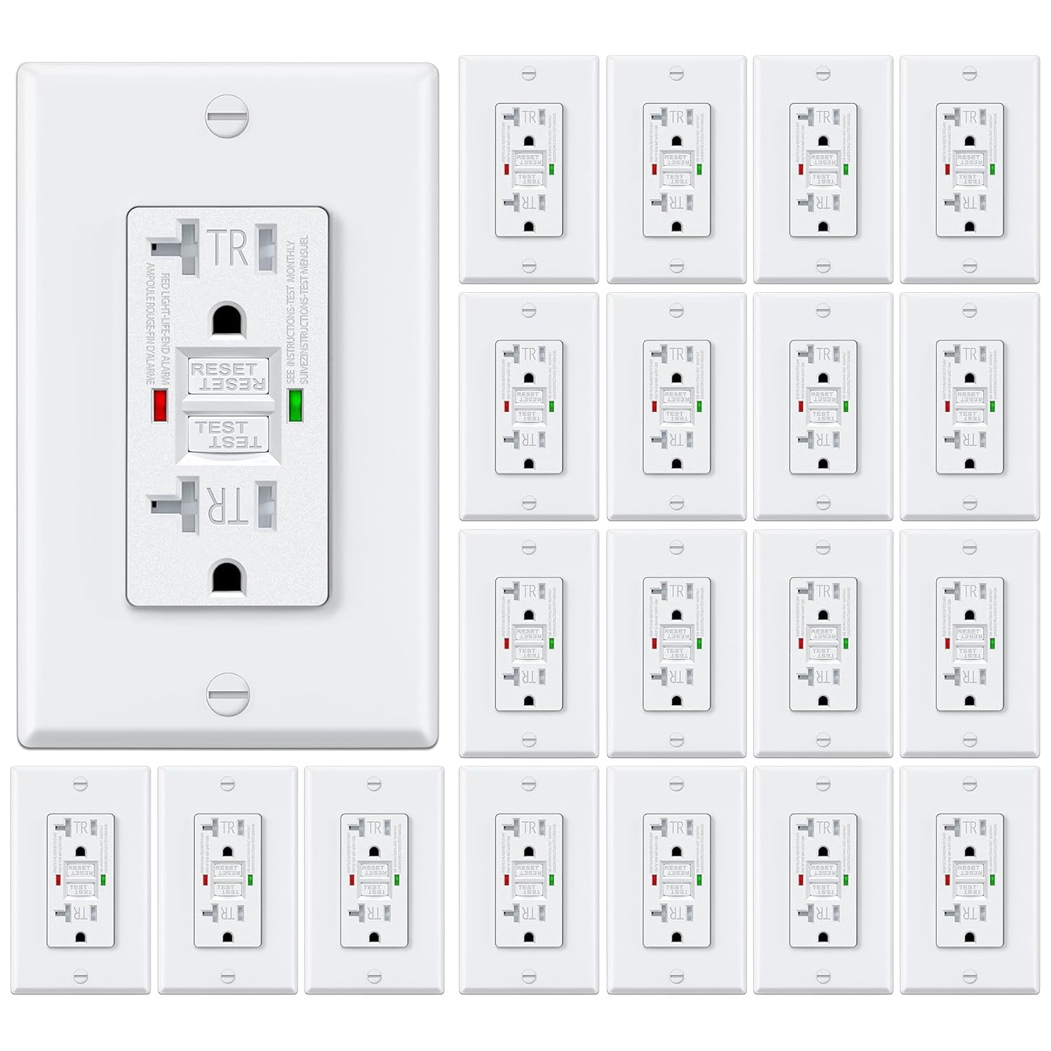 ELECTECK Paquete de 20 salidas GFCI de 20 amperios, resistentes a manipulaciones, receptáculos GFI de autoprueba con indicador LED, interruptor de
