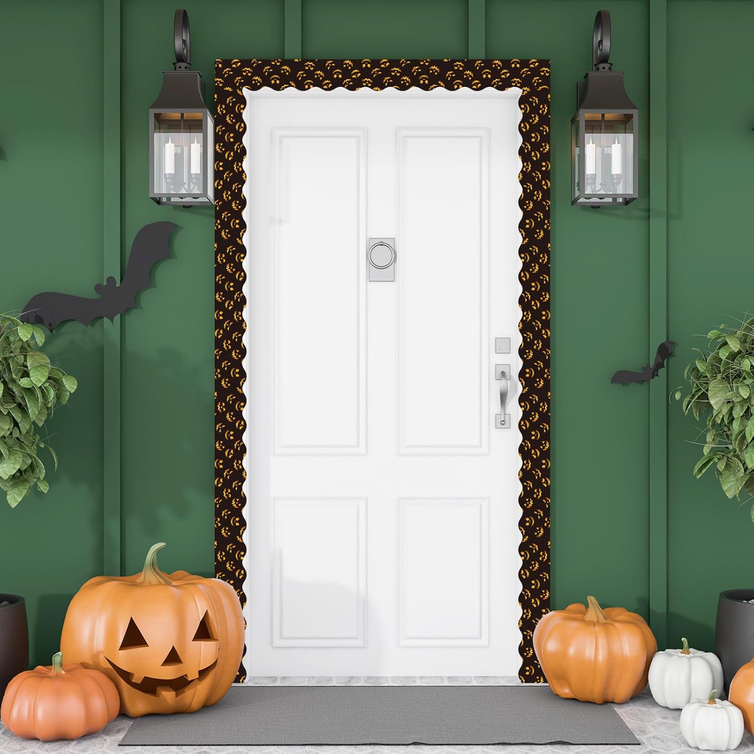 Whaline Tablero de anuncios de Halloween de 69 pies, diseño de araña, calabaza, murciélago, decoración de puntos, color naranja y negro, borde