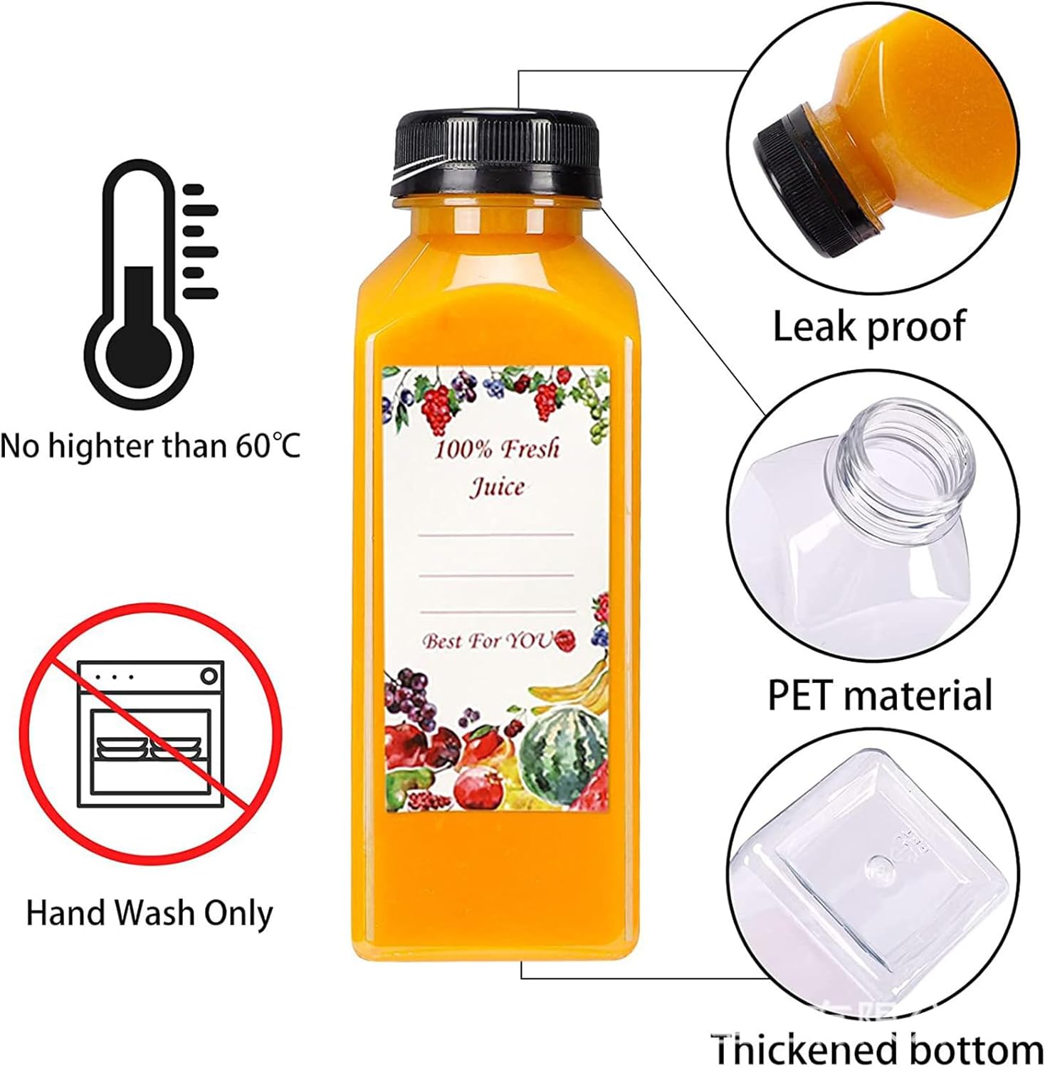 16 botellas de jugo de 8 onzas para jugos, botellas vacías reutilizables de plástico transparente con tapas negras para jugos, agua, licuados,