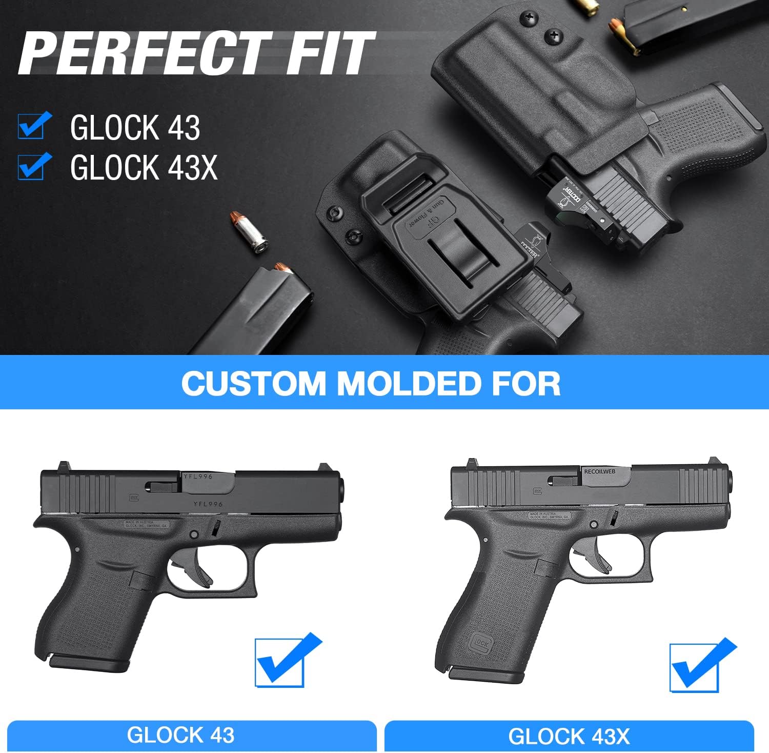 Compatible con Glock 43 Glock 43x, funda OWB compatible con G43 G43x, clip de cinturón ajustable de 360 grados, se ajusta a cinturón de 1.5