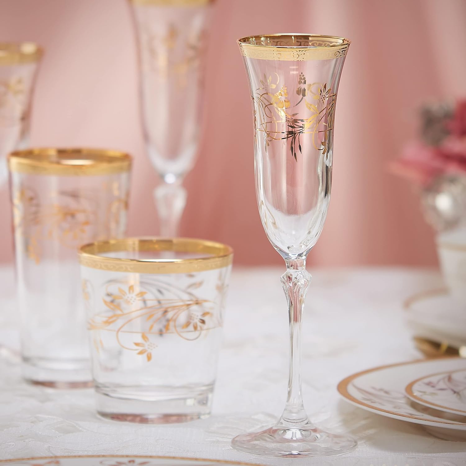 Elegante y moderna cristalería de flores de Rosalia para organizar fiestas y eventos, flauta de 5 onzas, juego de 4