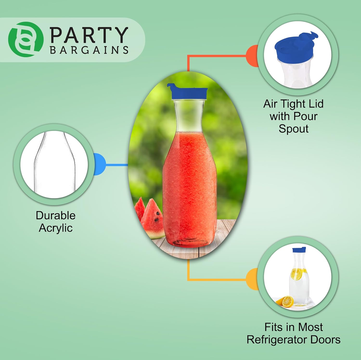Party Bargains Jarra de plástico de 50 onzas con tapas, transparente, 2 unidades, tapa abatible azul, calidad prémium y jarra de plástico resistente