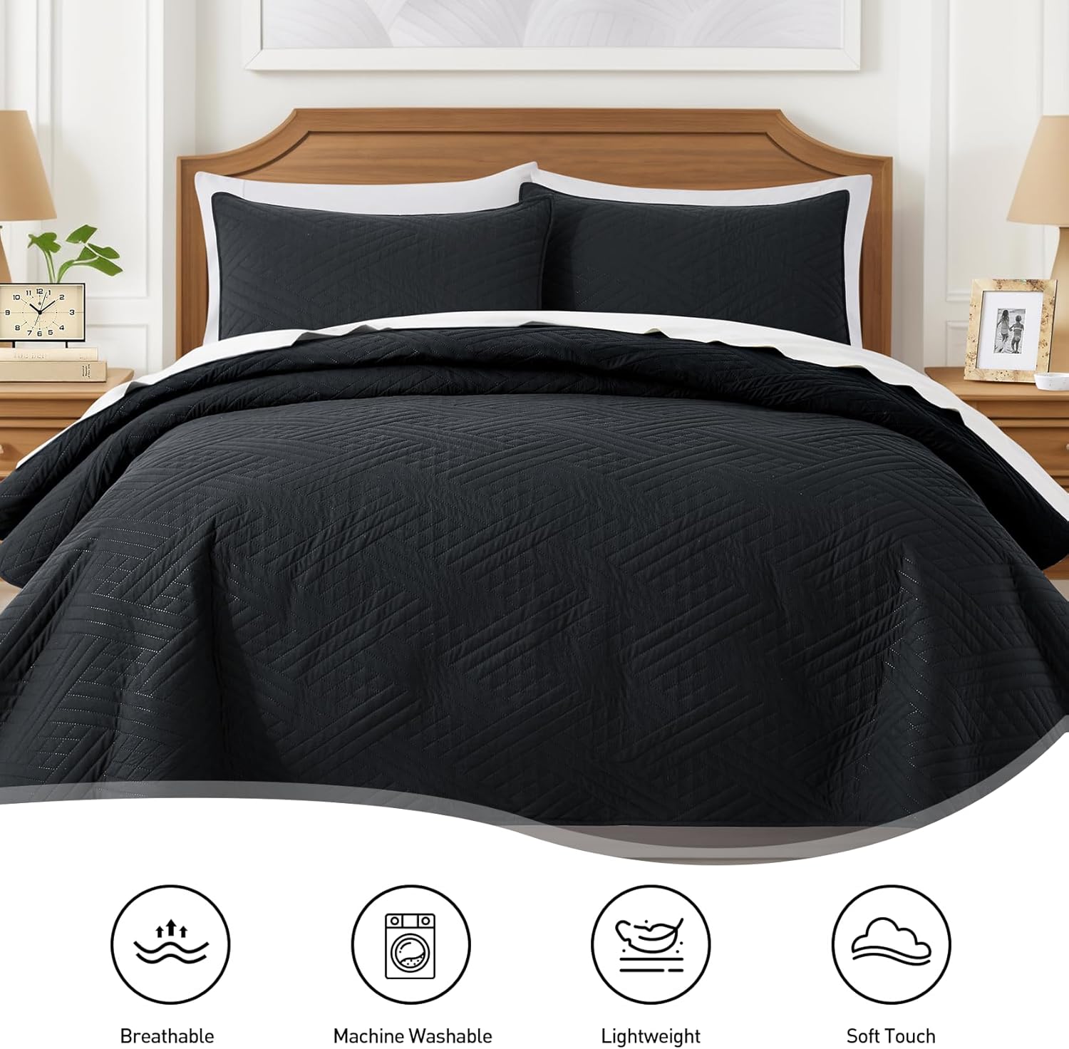 Lavsiry Edredón negro Queen con patrón de rayas, juego de ropa de cama delgado ligero de verano, colcha y colcha de microfibra suave para todas las