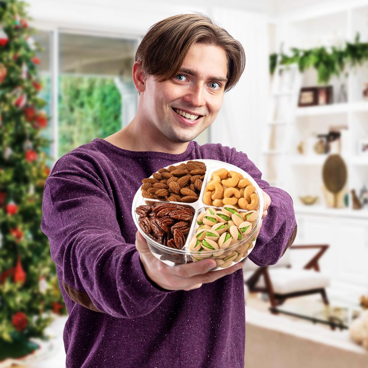 Cesta de regalo de frutos secos, cesta de regalo de nueces gourmet, 4 platos seccionales con una variedad de nueces recién tostadas, bellamente