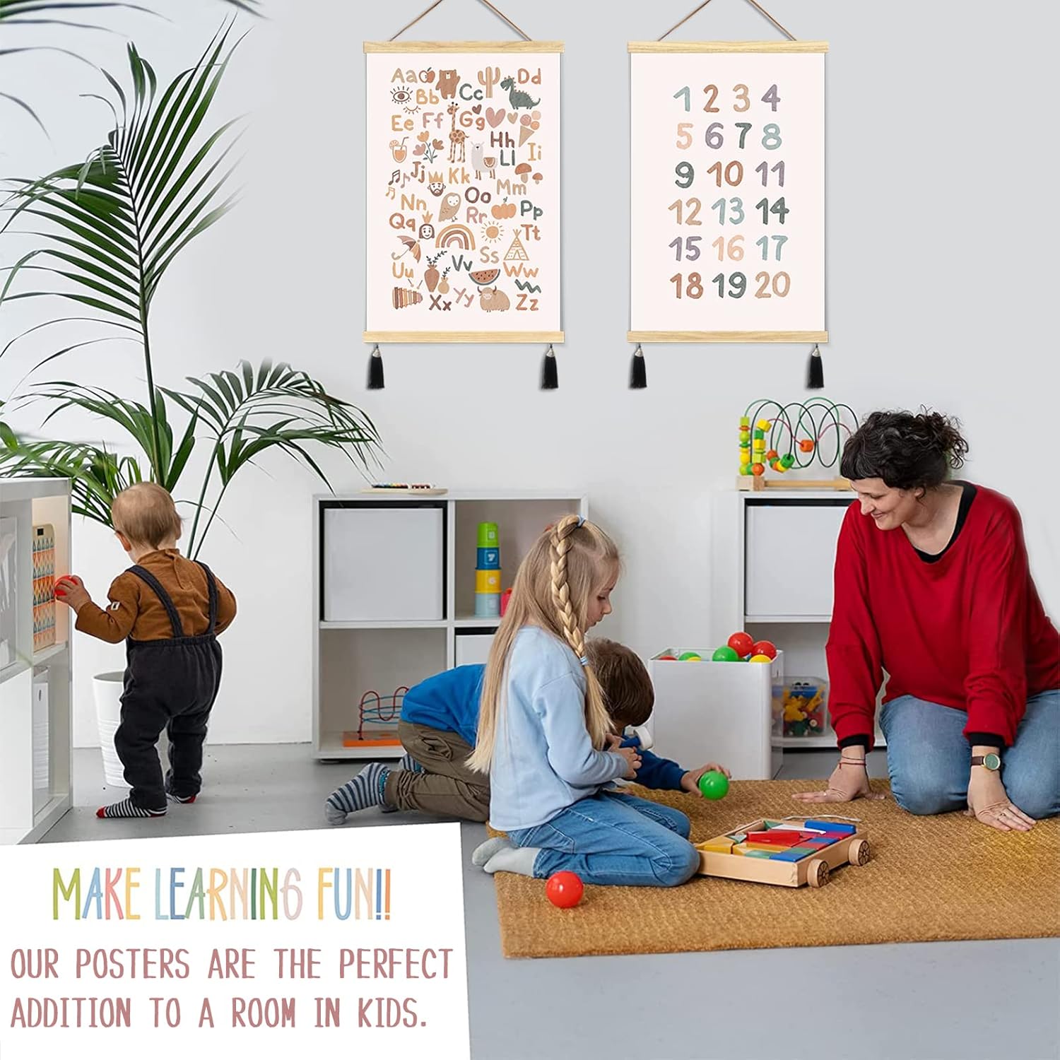 Póster de números Abc para niños pequeños, ganchos magnéticos para pósteres, lienzo enmarcado de madera, 2 juegos de 16 x 24 pulgadas, alfabeto para