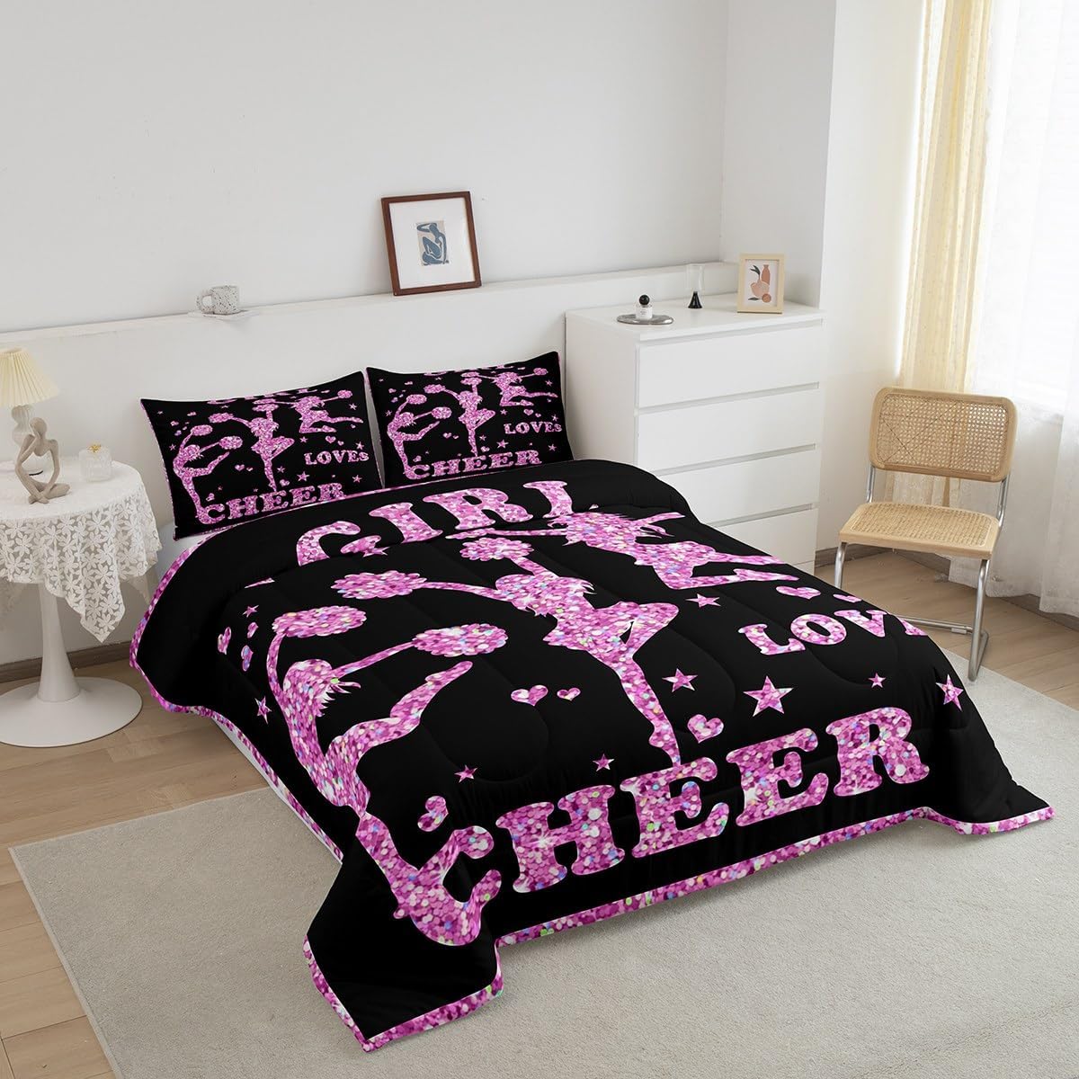 Feelyou Juego de edredón de animadoras para niñas, juego de ropa de cama para hija y niña, decoración con purpurina rosa, juego de edredón de