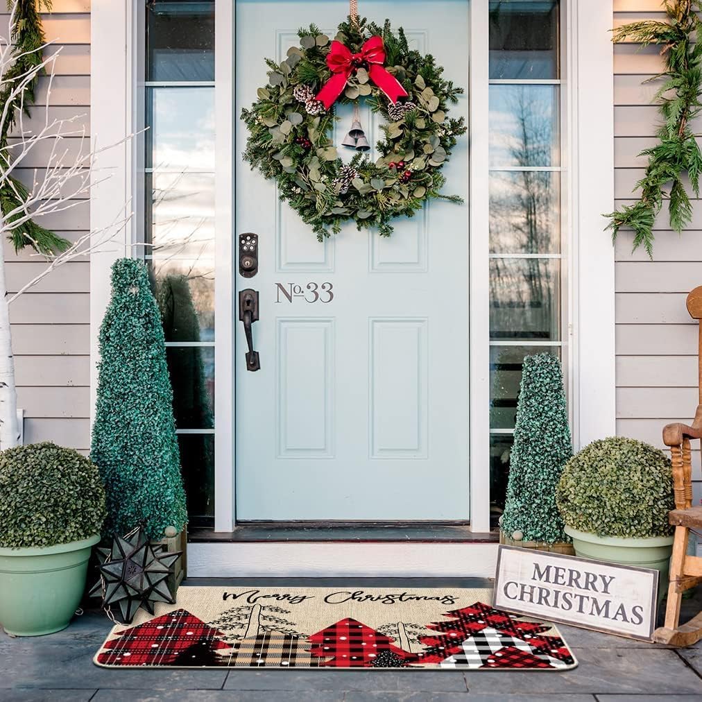 Baccessor Felpudo de Navidad con diseño de árboles de Navidad, a cuadros, decorativo para interiores y exteriores, tapete de puerta de bienvenida de