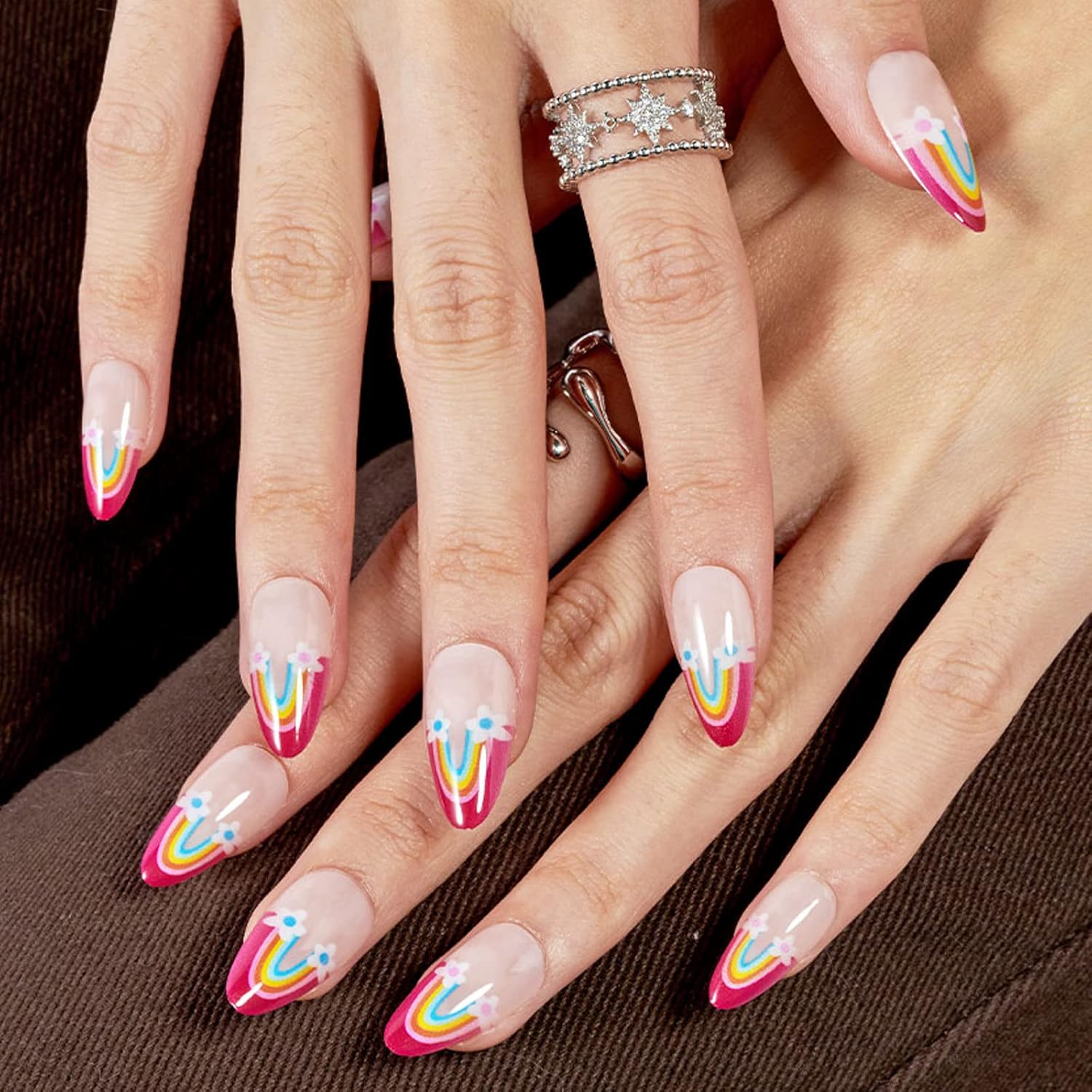 GLAMERMAID – Uñas postizas cortas a presión con punta francesa, uñas postizas de gel ovaladas medianas con diseño de flores de arcoíris, uñas