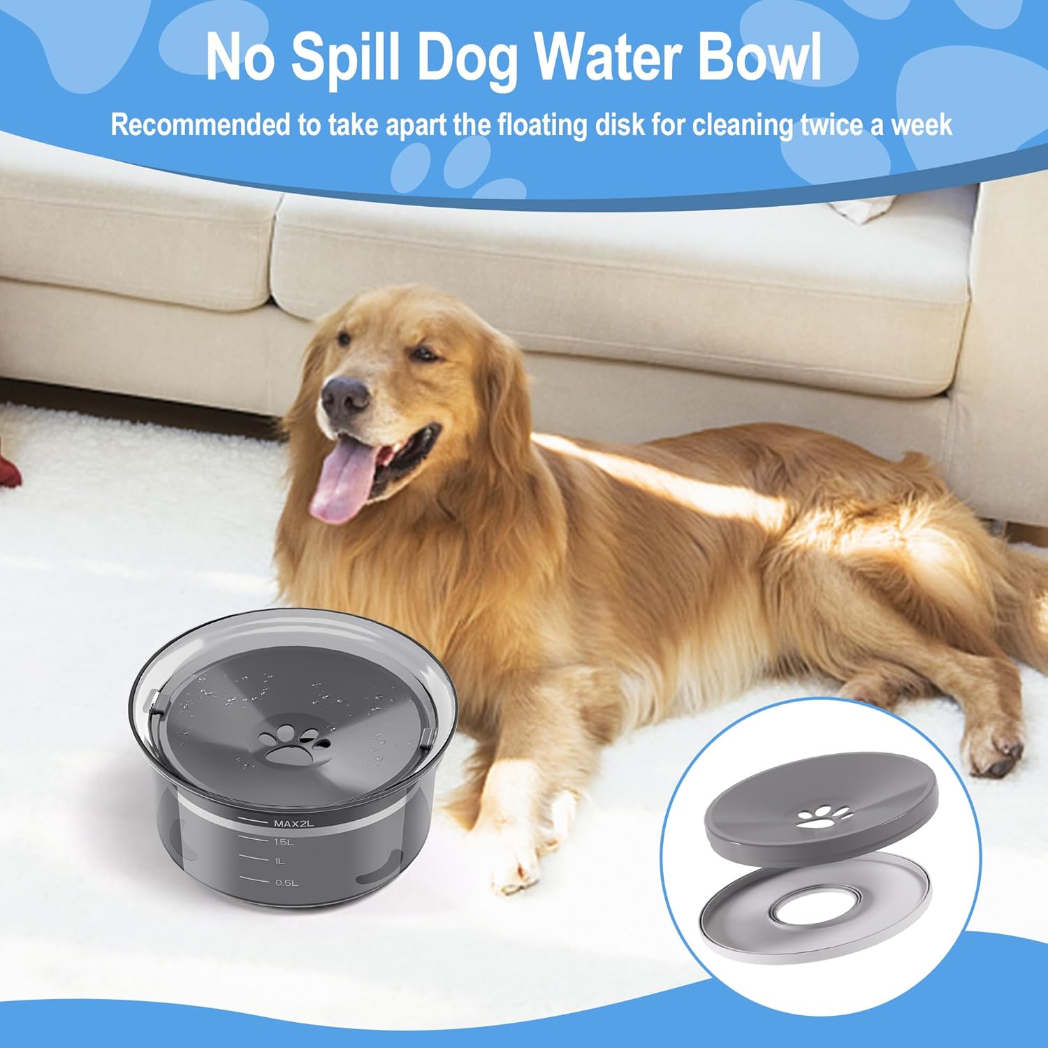 Cuenco de agua para perros de 2 litros de gran capacidad, cuenco para perros grandes, a prueba de salpicaduras, cuenco flotante de agua de viaje