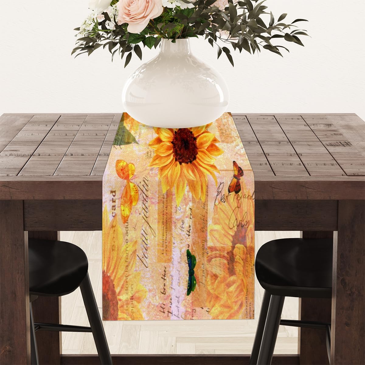 Table Runner Watercolour Sunflower, Rustic Linen Table Cloth for Farmhouse Kitchen, Dinner, Events, Party, Holiday Table Decor 13 x 60 Inches