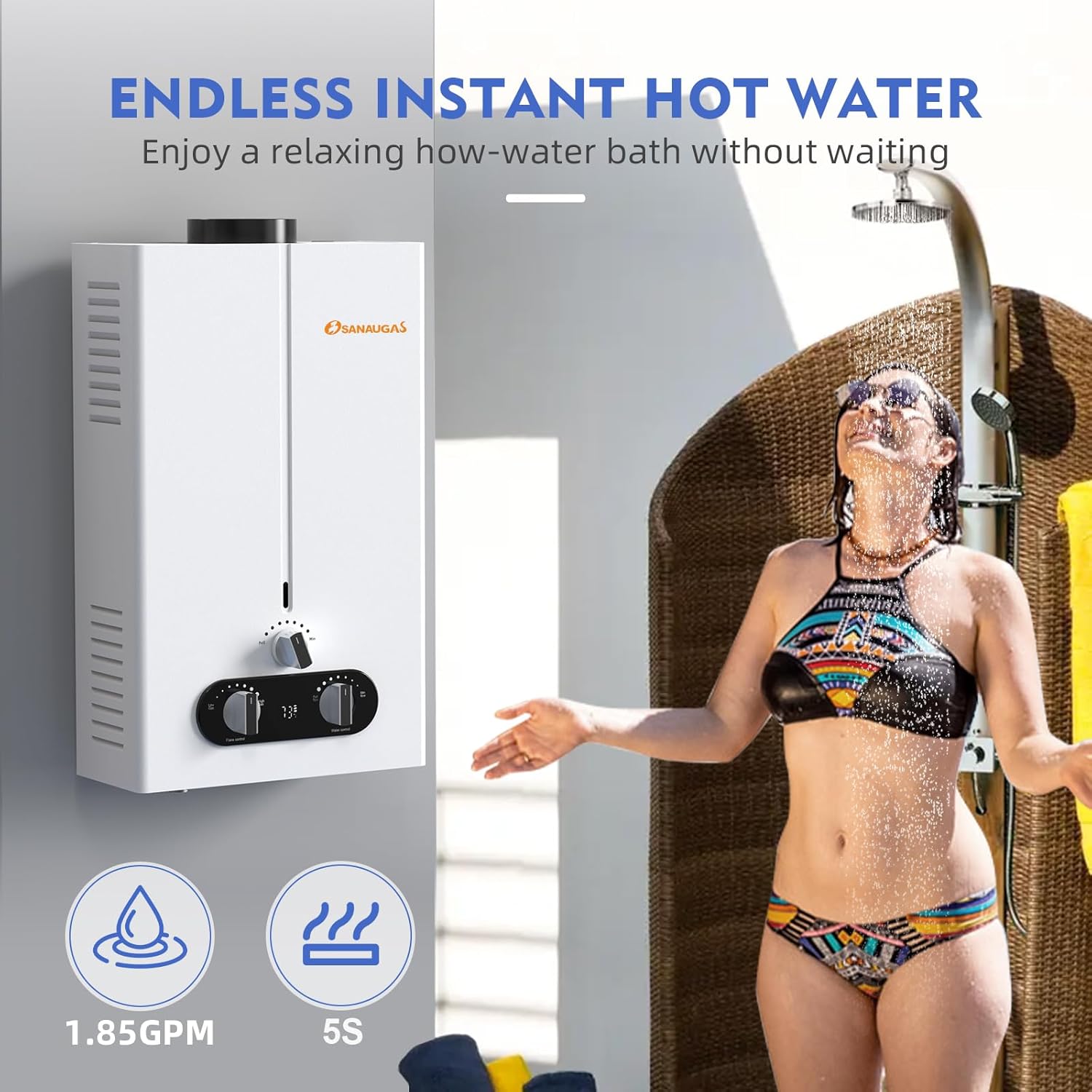 Calentador de agua de propano sin tanque, 1.85GPM 7L, calentador de agua caliente instantáneo portátil, uso al aire libre para RV, cámper, remolque