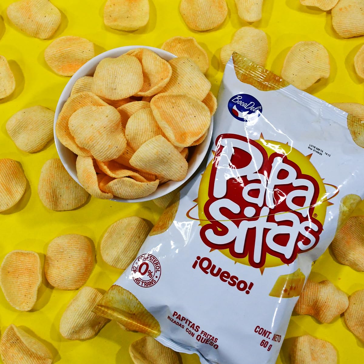 Bocadeli Papasitas Queso, papas fritas con sabor a queso, 2.3 oz (1 paquete) (tamaño regular 2.3 oz)