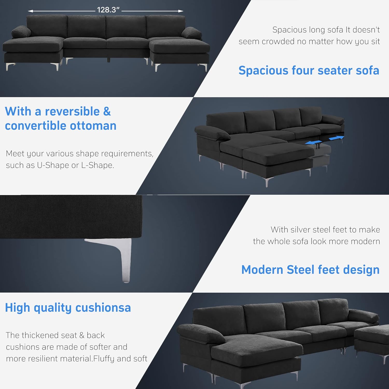 SUMKEA – Sofá modular en forma de U con diván, juego de sofá modular más grande para sala de estar, moderno sofá esquinero de terciopelo de 128