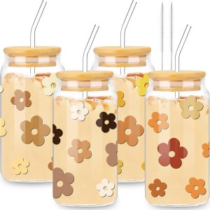 Whaline 4 vasos de bebida con tapas y pajita, 16 onzas, diseño de margaritas bohemias, para café, café, con diseño de flores, hippie, retro, para Whaline 4 vasos de bebida con tapas y pajita, 16 onzas, diseño de margaritas bohemias, para café, café, con diseño de flores, hippie, retro, para