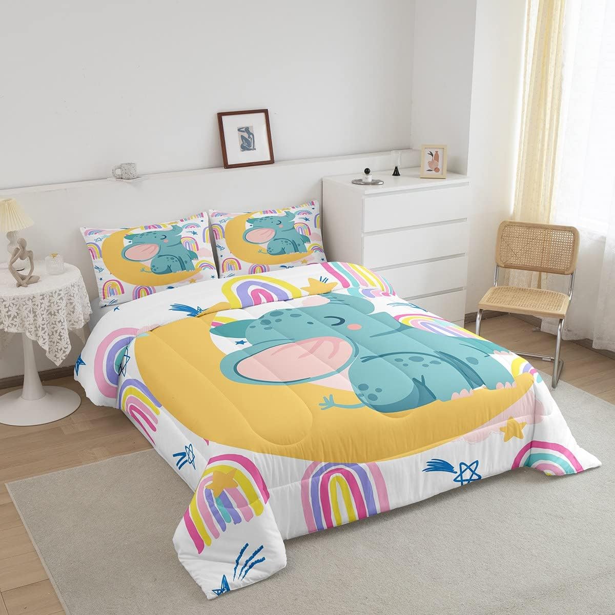Feelyou Juego de edredón con diseño de arco iris, juego de ropa de cama con estampado de elefante, lindo juego de edredón acolchado de animales para