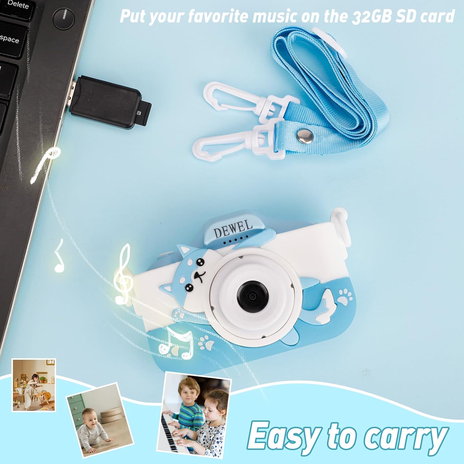 DEWEL Cámara para niños, cámara de juguete, cámara para niños, cámara de video digital selfie HD 1080P para niñosniñas, mini videocámara para niños