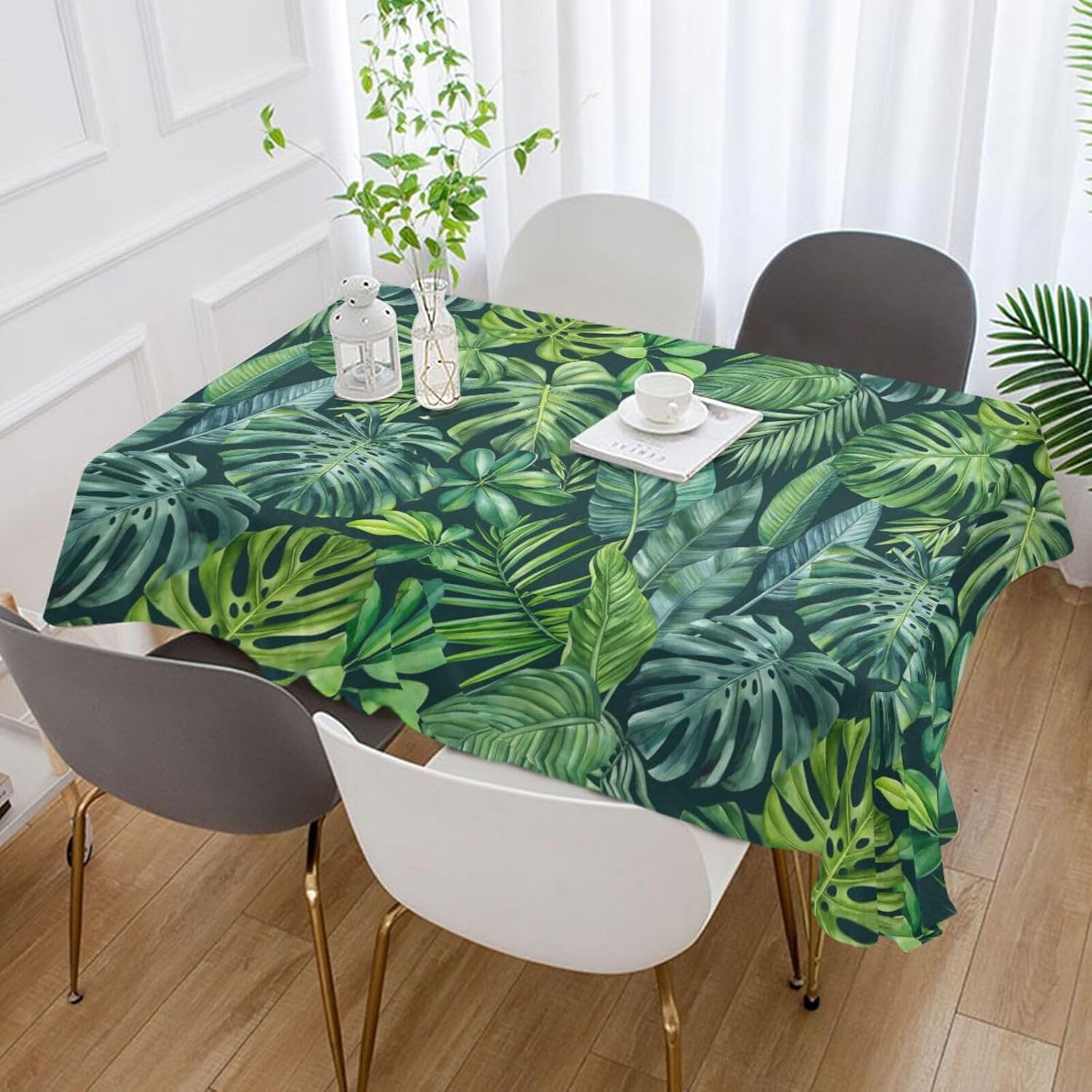 ZOEO Mantel rectangular con estampado de hojas de palmera tropical, color verde, moderno, mantel decorativo lavable para mesa de cocina, comedor,