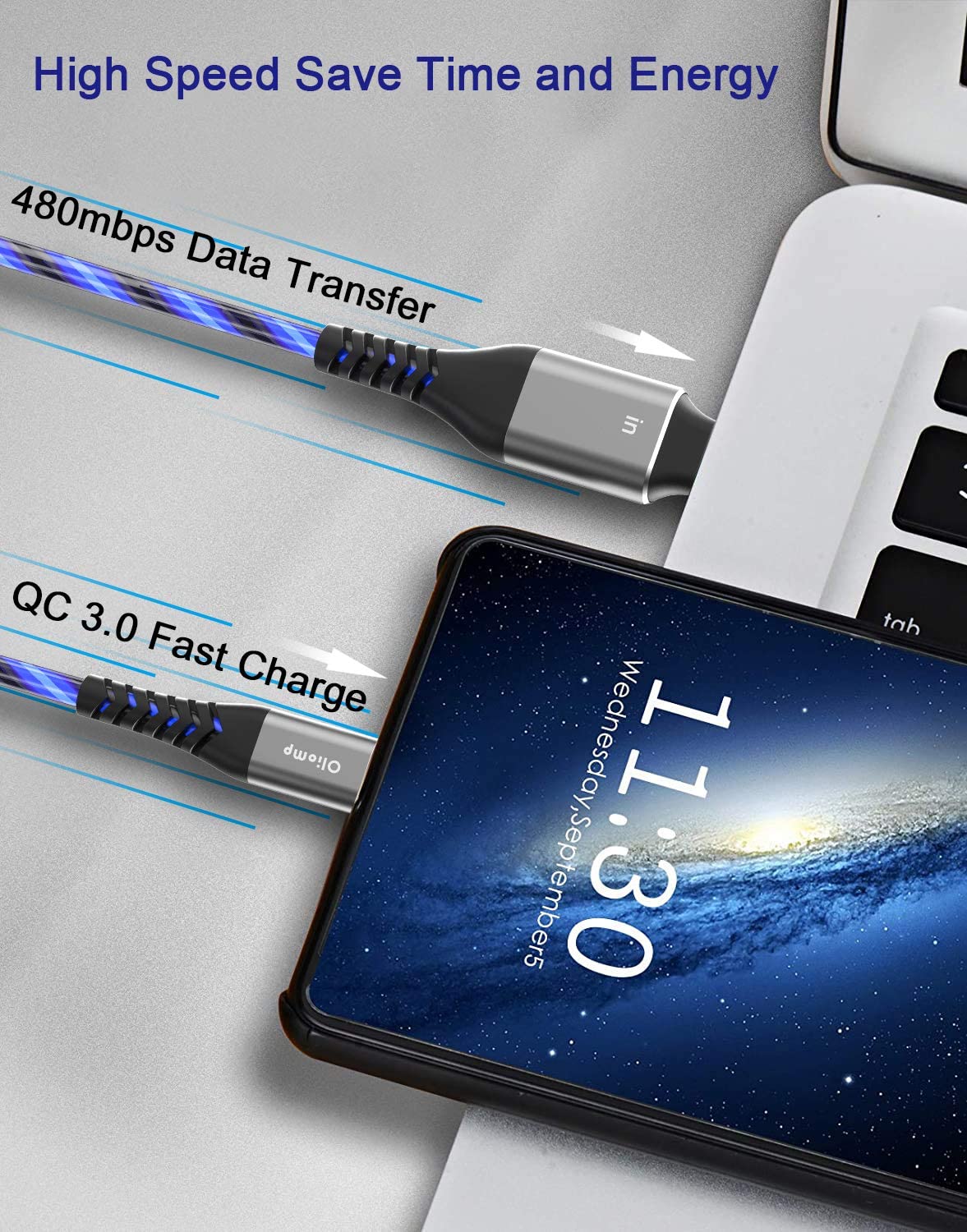 Cable USB C a USB C de 6 pies 60 W 3A con luz USB C, cable de carga rápida, cable LED tipo C a tipo C para iPhone1515Pro15Plus15ProMaxiPad