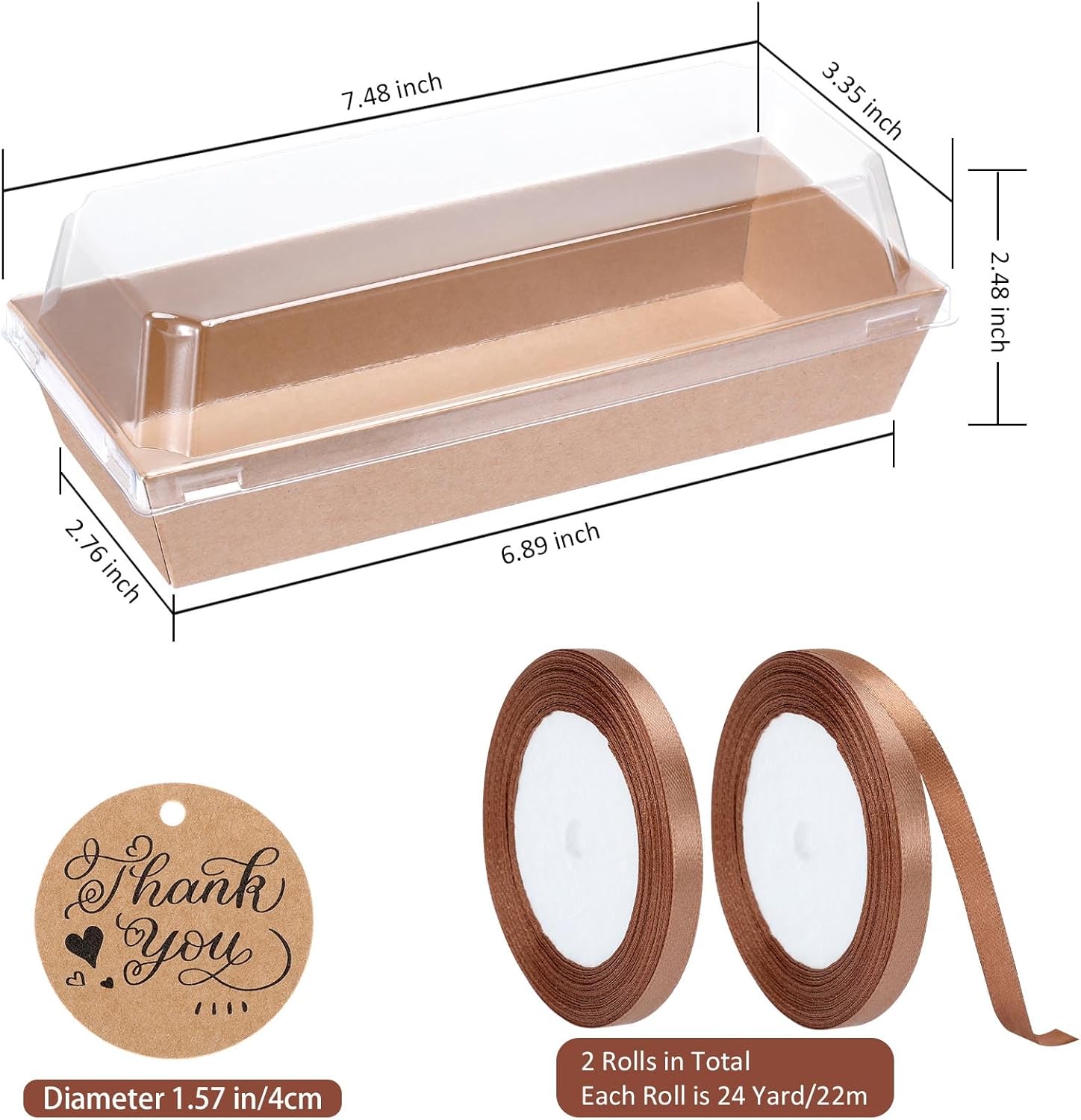 Paquete de 60 cajas de papel para embutidos con tapas transparentes y seguras, cajas de panadería marrón de 7.5 pulgadas con 2 rollos de cinta,