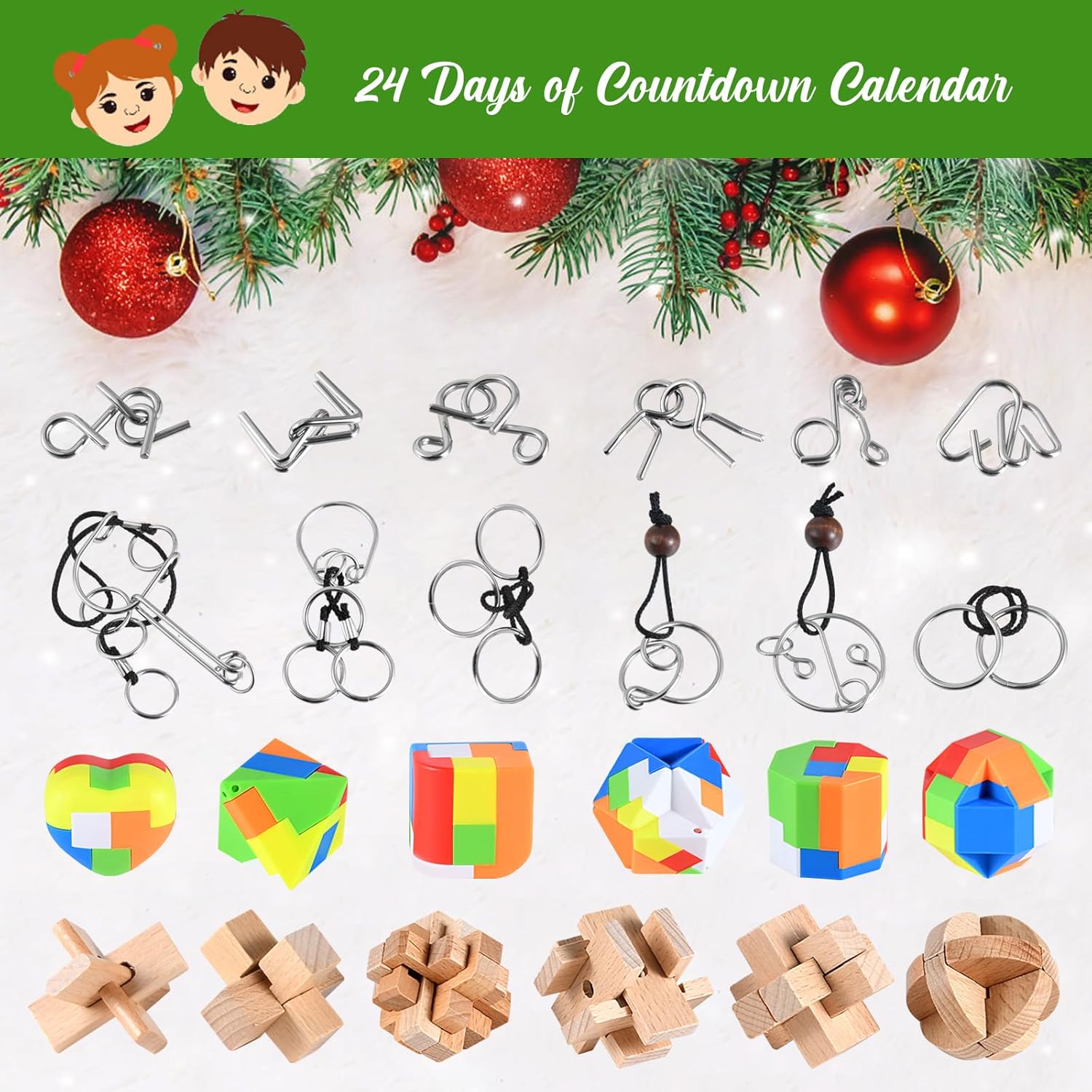 Calendario de Adviento 2023, calendario de cuenta regresiva de Navidad, caja de regalo con 24 rompecabezas de acertijos, calendario de Adviento 2023