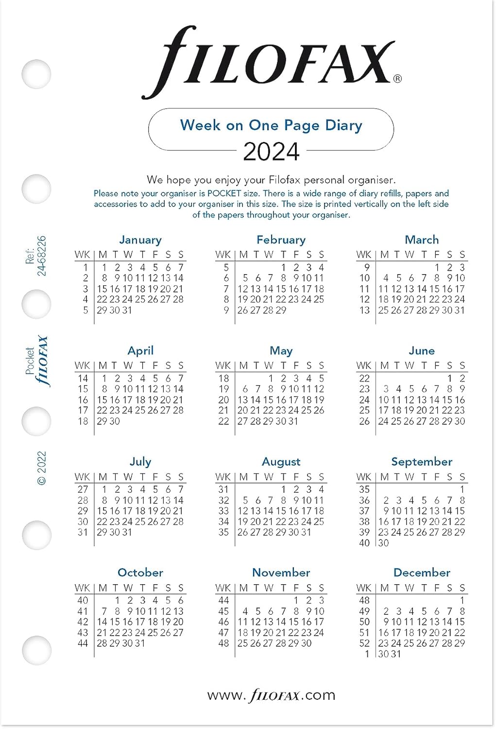 Filofax Recambio de diario de calendario, tamaño de bolsillo, semana en una página, papel blanco, sin rayas, inglés, 2024 (C68226-24)