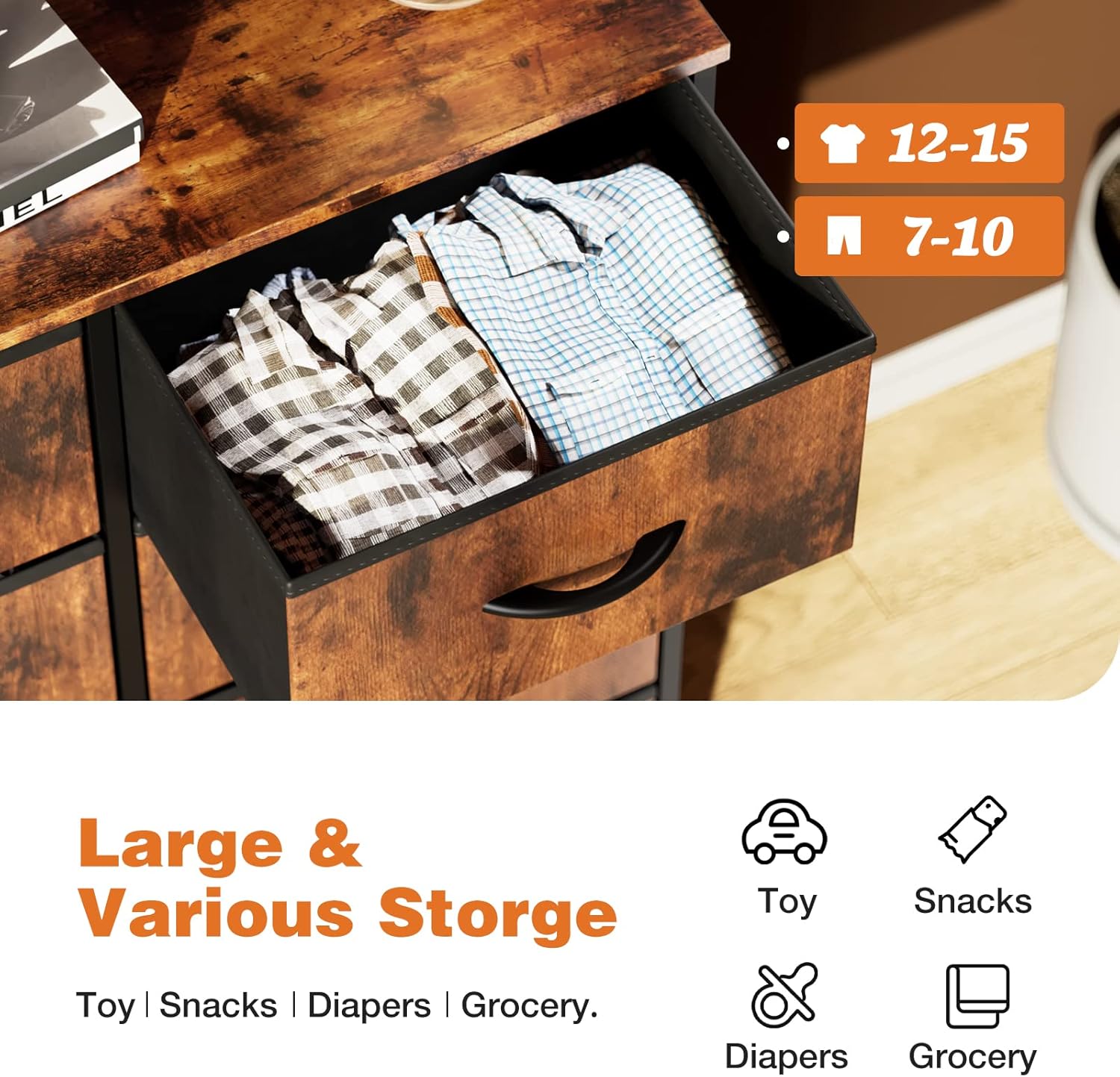 Sweetcrispy Cómoda para dormitorio, cajón alto, organizador de aparador, cajones de almacenamiento, torre de almacenamiento de tela con 8 cajones,