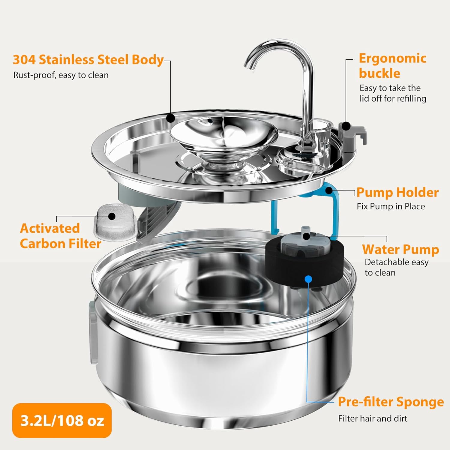 subteenmate Fuente de agua para gatos de acero inoxidable, fuente para mascotas de 3.2L108 onzas y cuenco de agua, fuente automática para gatos con