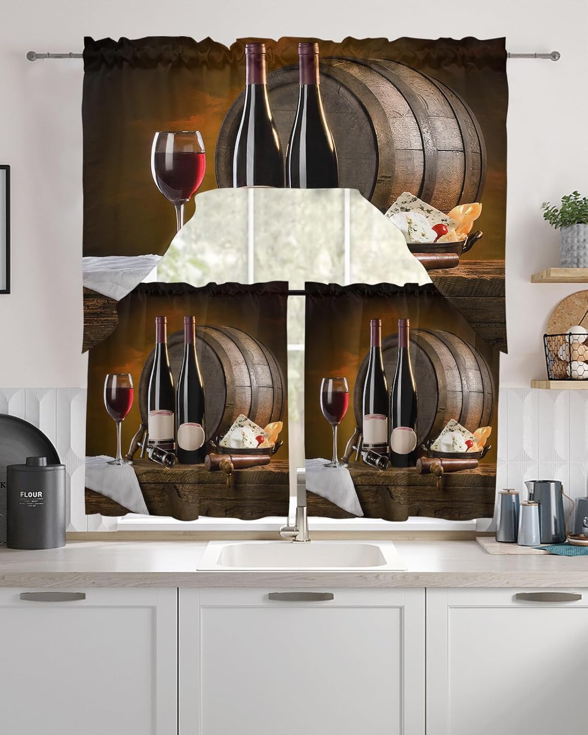 Swag Valances Window for Kitchen 3PCS, Red Wine Cups Wine Barrel Pole Pocket 1 Swag Valance and 2 Tiers Small Treatment Curtain Treatment Panel Set