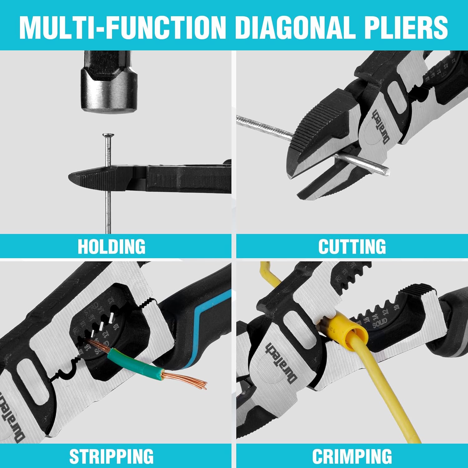 DURATECH Alicates de corte diagonal 4 en 1, alicates de corte lateral multifunción de 8 pulgadas con pelacables, cortadores de alambre con mango