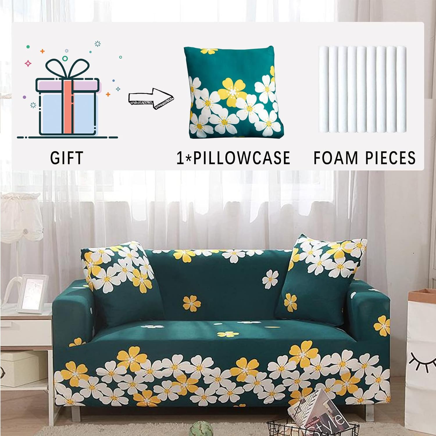 Funda elástica para sofá con estampado, con una funda de cojín separada para sofás de 3 cojines, protector universal de muebles (grande, verde