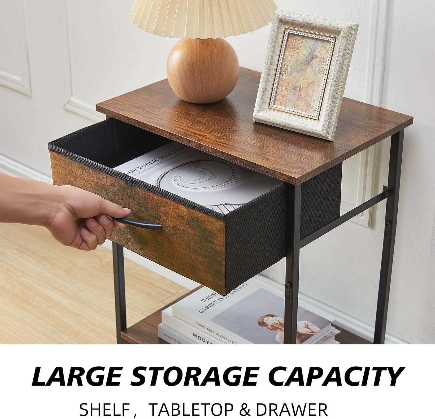 Somdot Mesita de noche, mesa auxiliar para dormitorio, habitación del bebé, sala de estar, cajón de tela extraíble, estante de almacenamiento