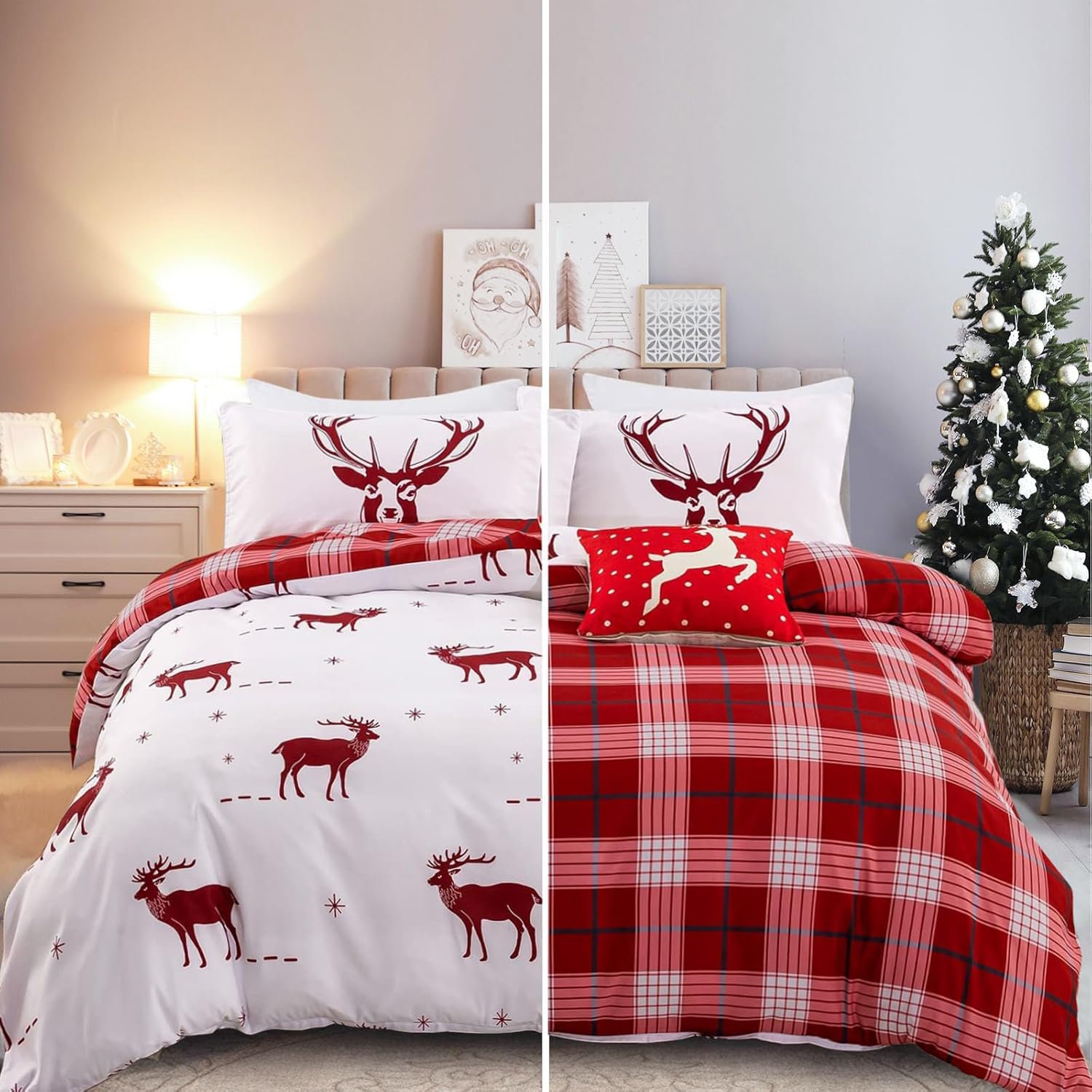 Juego de funda de edredón de Navidad tamaño Queen, juego de ropa de cama reversible de 3 piezas con 2 fundas de almohada, microfibra suave, ropa de