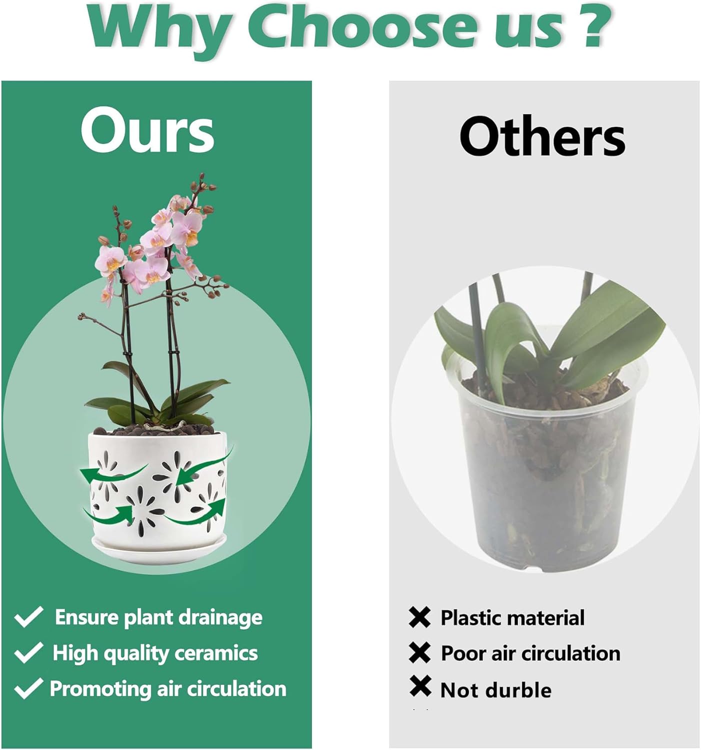 EFISPSS Maceta de orquídea de 5 + 6 pulgadas, macetas de orquídeas de drenaje de cerámica con agujeros para un crecimiento saludable de las raíces,