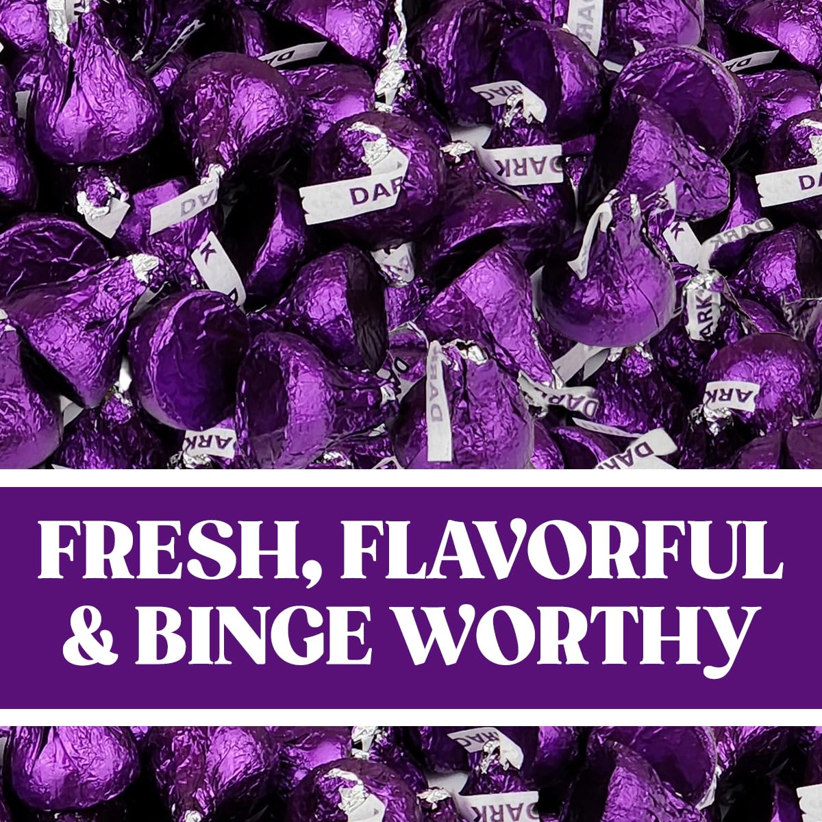 Hershey’s Kisses – Caramelos de chocolate negro ligeramente dulce envueltos individualmente en láminas moradas para una experiencia indulgente,
