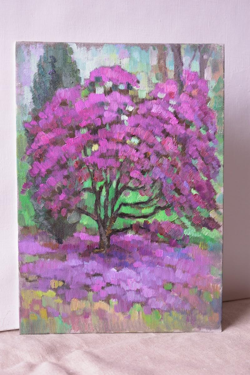 Rhododendron bush in the garden – The original one-of-a-kind Landscapes oil painting from Vera Bondare, 2022